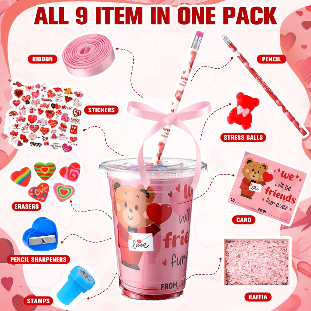 Vesici 323 Pcs Valentine's Day Gifts Bulk Valentines Party Favor Exchange Gift Galentines Supplies with Cup Cards Sticker Pencil Eraser Stamp