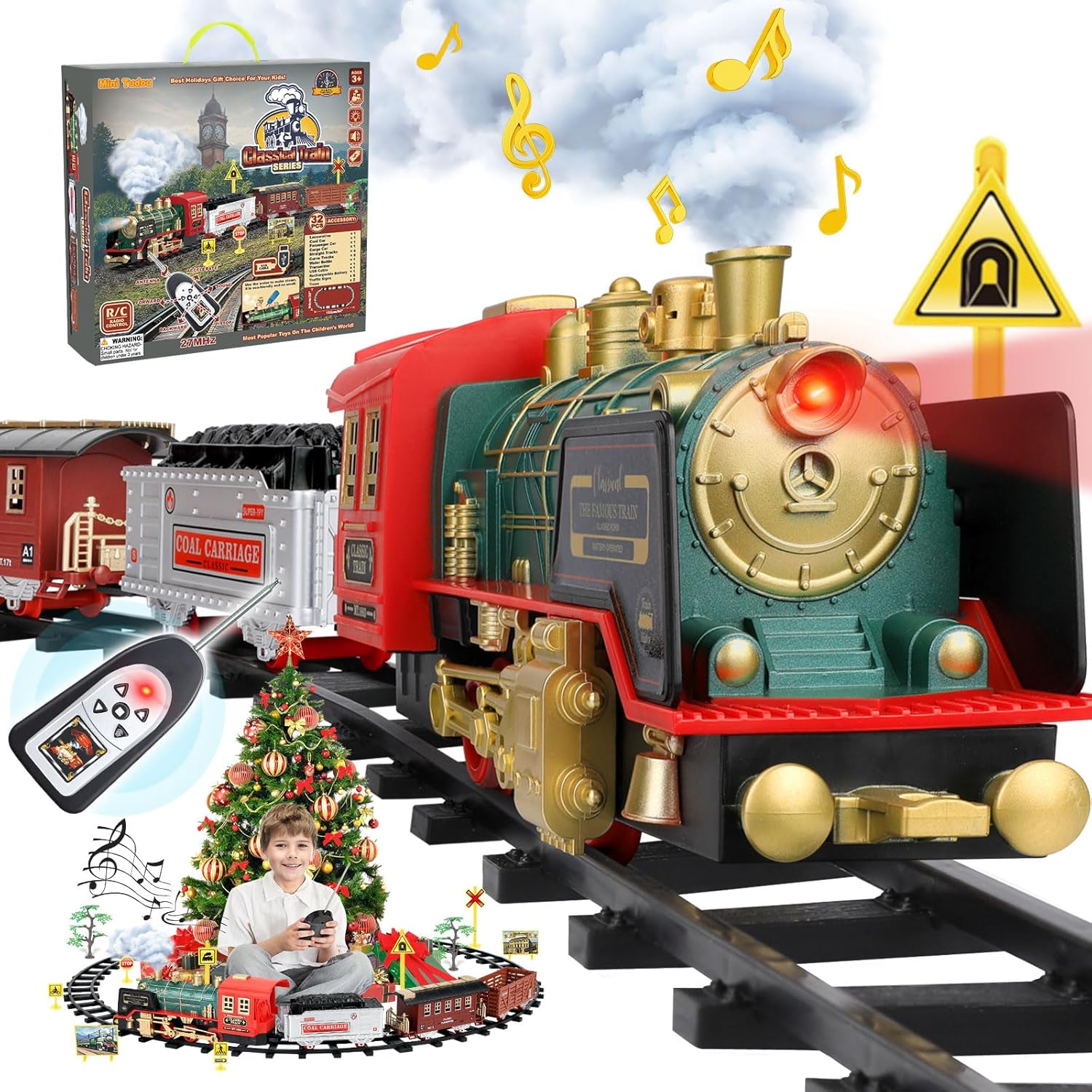 Mini Tudou Electric Christmas Train Set - Remote Control Steam Locomotive with Sound & Light | Rechargeable Battery, Ideal for Kids 3+