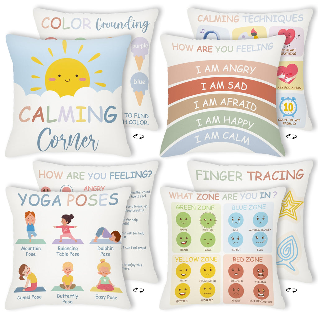 EDaozkend Boho Calming Corner Pillow Covers, 4Pcs Back to School 18x18 Boho Calm Down Corner Therapy Pillowcase for Mental Health Room Home, Emotion Feelings Pillow Covers Inspirational Gifts for Kids
