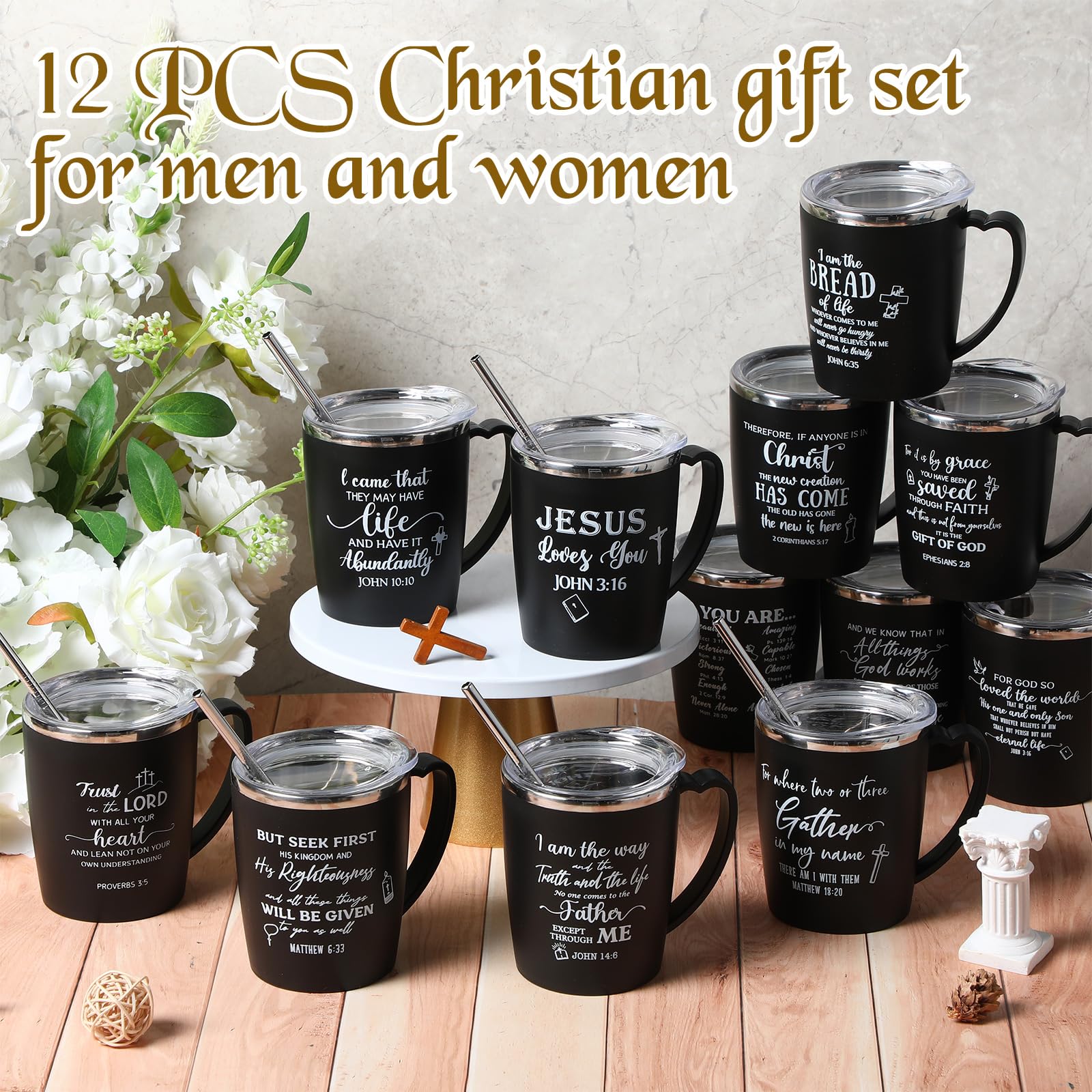 Widecook 12 Pcs Christian Coffee Mugs with Lid and Straw Bible Verse Mother's Day Religious Gifts Tumbler 12 oz Stainless Steel Insulated Inspirational Tumbler for Church Women Men(Black)