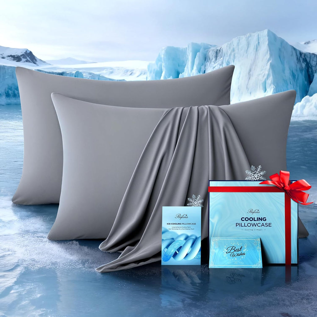 Skiennix Ultra-Chill Cooling Pillowcase Set of 2 - Softer Than Silk, Breathable Bed Covers (Light Gray, Standard)
