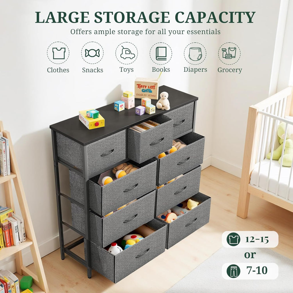 Regine Switzerland 9-Drawer Dresser - Anti-Tip Tall Storage Organizer with Wooden Top & Metal Frame | Gray