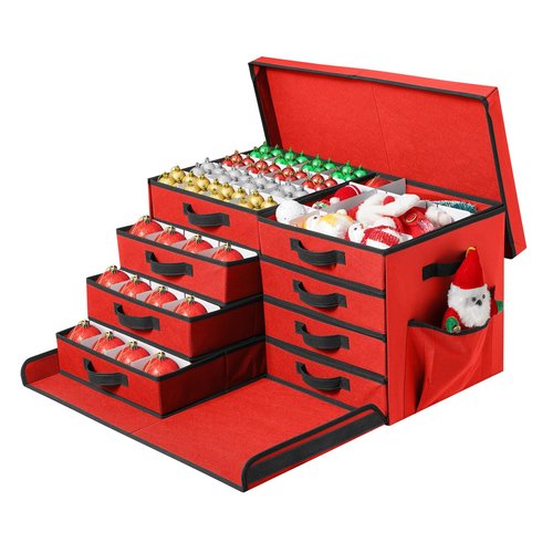 Peyulia Christmas Ornament Storage Box, Stackable Organizer with Lid and Pockets, Side Open, 8 Trays, 128-3" Holiday Ornament Container with Removable Trays and Adjustable Dividers, Red
