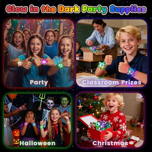 LovesTown 24 Pack LED Light Up Fidget Spinner Bracelets for Kids Ages 3-12, 6 Styles Party Favors Pack, Stocking Stuffers New Year Birthday Goodie Bags, Party Size