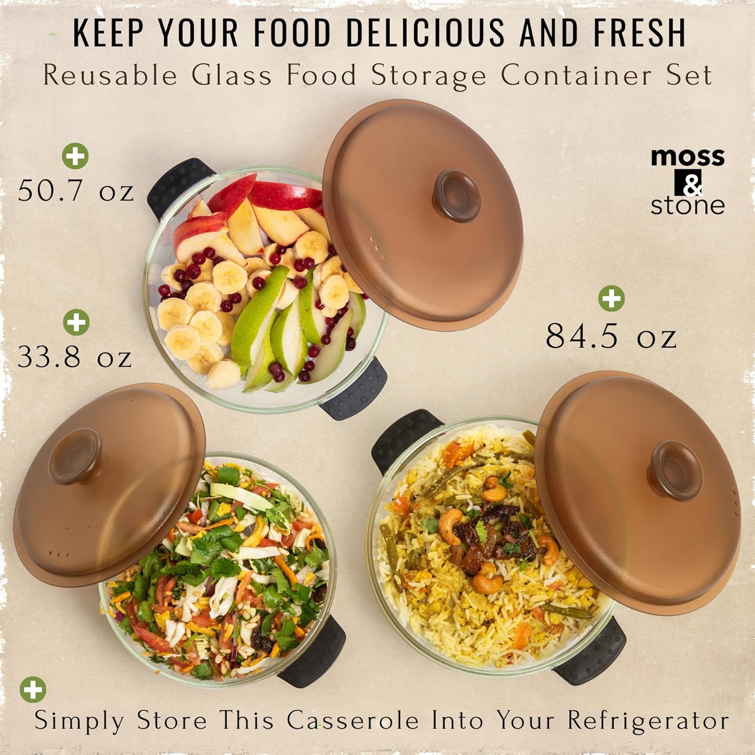 Moss & Stone 6-Piece Borosilicate Glass Casserole Set - Durable Oven & Microwave Safe Dishes | 2.6/1.5/1 Qt