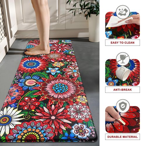Likiyol Boho Kitchen Rugs Floral Kitchen Mats for Floor Bohemian Cushioned Anti Fatigue Mats for Kitchen Floor Non Slip Washable Kitchen Mat for Home, Sink, 18''x30''+18''x48''+18''x60'', Red