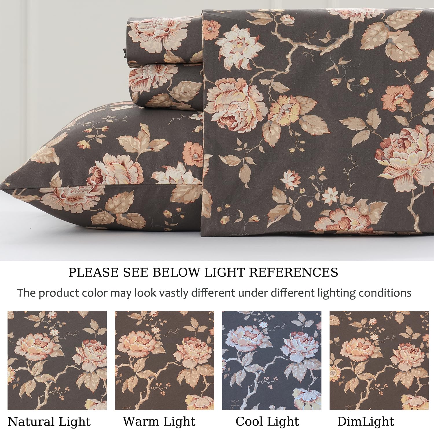 Zusbest Ash Brown Floral Bed Sheets Set - Queen Size Percale Cotton Shabby Rustic Peony Flower Print Bed Sheets - Soft Breathable Mocha Classic Vintage Bedding 4 Pcs Deep Pocket Flower Bed Sheets