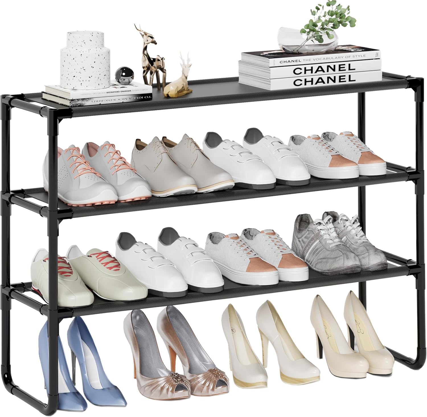 Skiennix 3-Tier Shoe Rack - Stackable Organizer for Closet & Entryway | Holds 16-20 Pairs, Black (35.8" Wide)