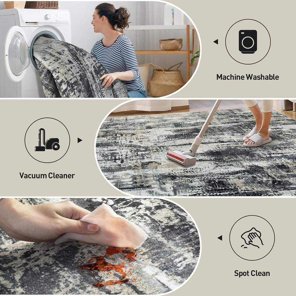 Skiennix 8x10 Area Rug - Washable Modern Abstract Design | Soft Anti-Skid Carpet for Living Room & Bedroom