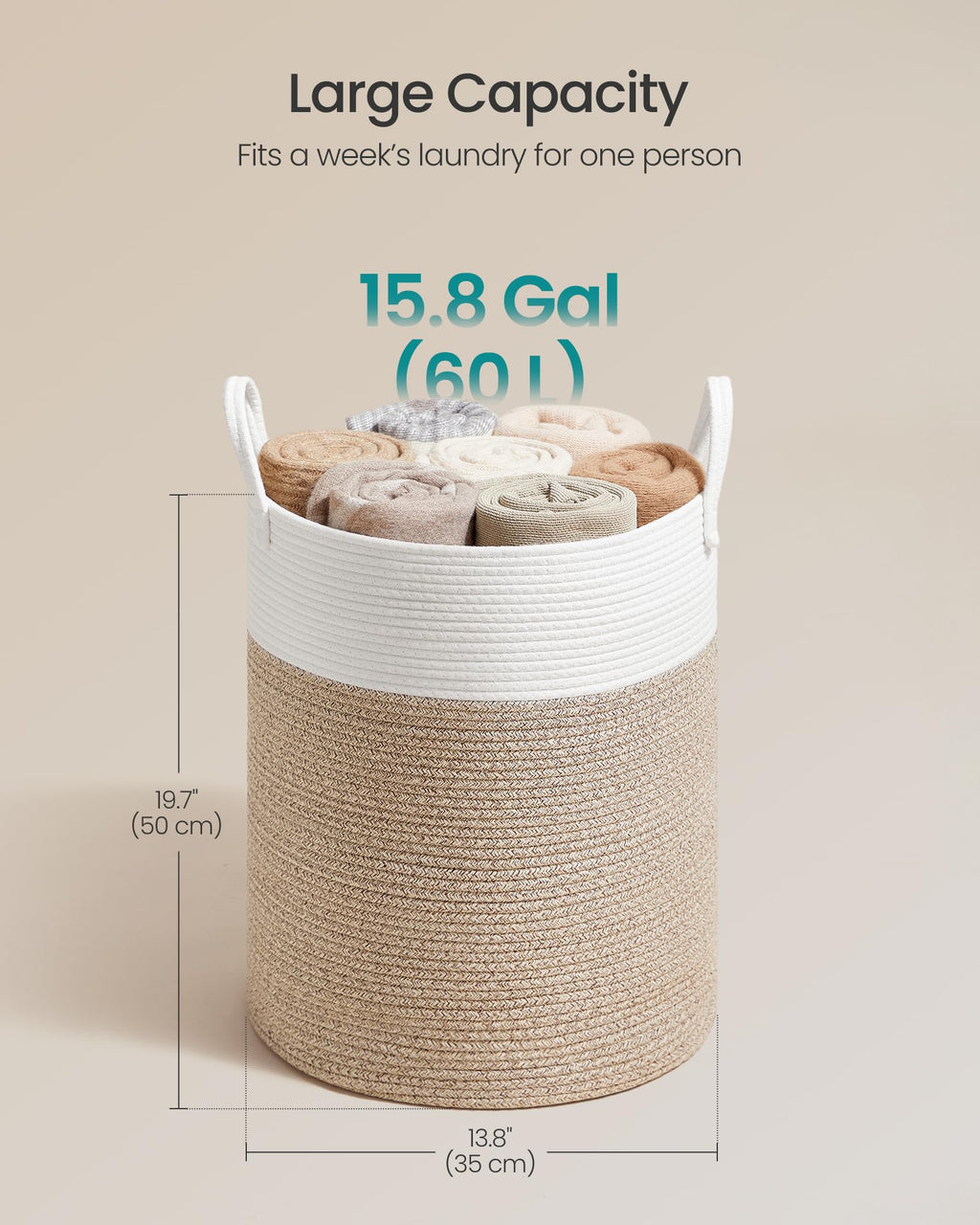 SONGMICS Laundry Hamper, Cotton Rope Laundry Basket with Handles, for Children, Toys, Clothing, Living Room, Bedroom, 15.8 Gallons, 13.8 x 13.8 x 19.7 Inches, White and Grayish Brown URLH061LZ01