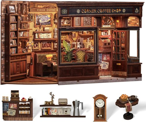 Cutefun Book Nook Kit - DIY Miniature Coffee Shop Bookend with LED Light | 3D Wooden Puzzle for Book Lovers