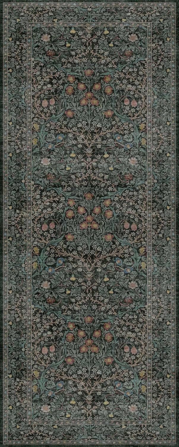 Regine Switzerland Dark Green 2x5 Non-Slip Runner Rug - Washable Floral Boho Design for Entryway