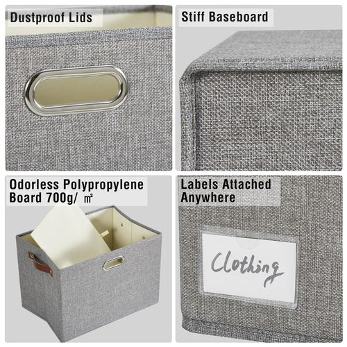 Roobyl 17" Large Collapsible Storage Bins with Lids, Stackable Closet Organizers with PU Handle and Labels, 3-Pack Decorative Fabric Storage Boxes for Home, Bedroom, Closet, Office, Nursery(Gray)