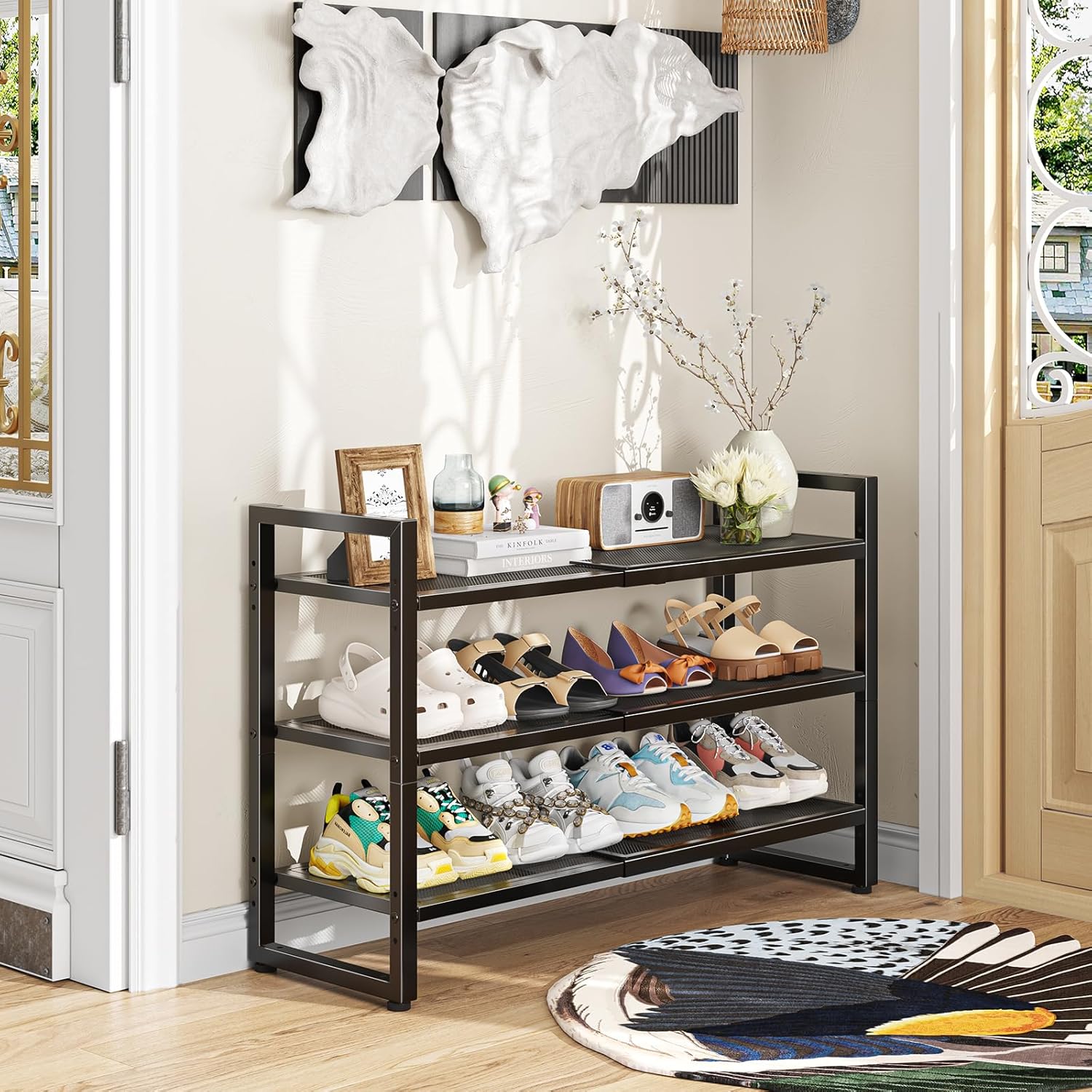 Skiennix 3-Tier Expandable Shoe Rack - Adjustable & Stackable Metal Mesh Organizer | Black