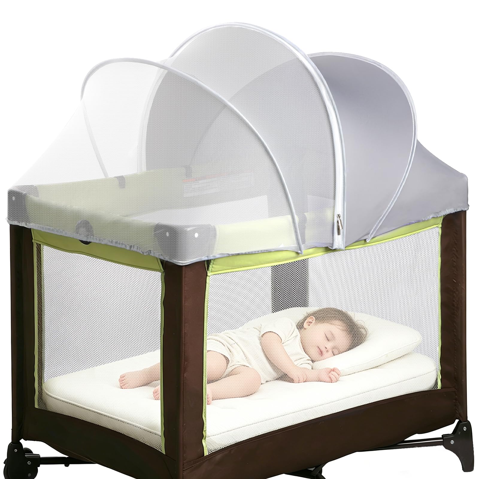 Pack N Play Tent Cover - Light-Blocking Mosquito Net with Two-Way Zipper Portable Bassinet Canopy to Keep Cats Out Bedside Bassinet Insect-Proof Cover, Gray-Large