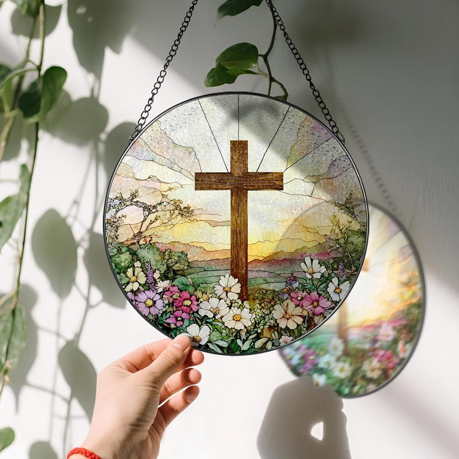 Skiennix 8-Inch Stained Glass Cross Suncatcher - Beautiful Wildflower Design for Home Decor