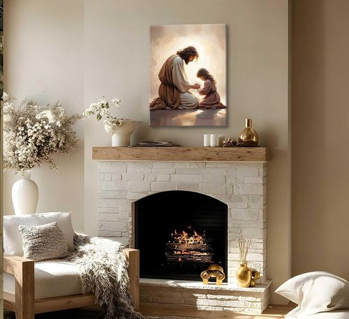 Jesus Praying with Girl Canvas Wall Art - Christian Spiritual Decor | Framed Bible Story Print for Home