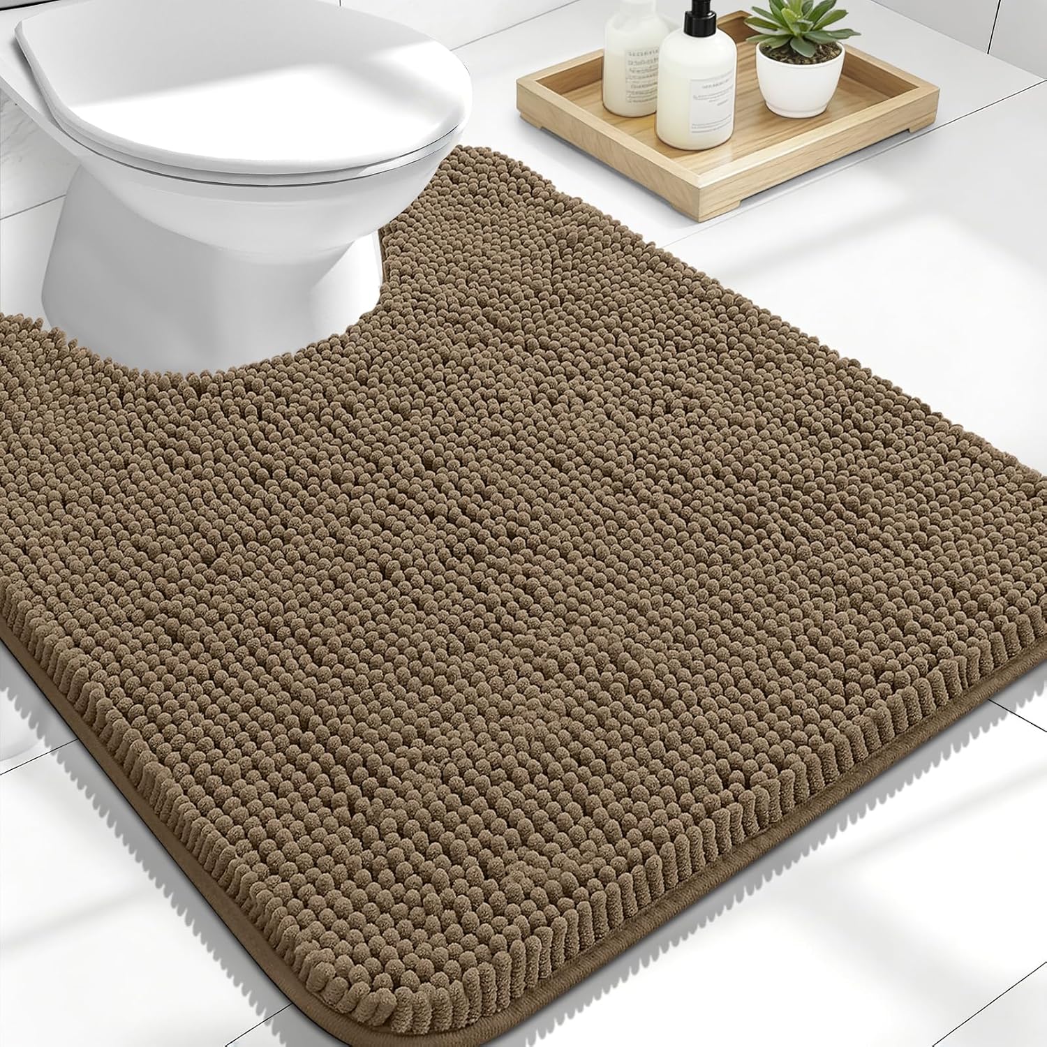 OLANLY U-Shaped Toilet Rug - Extra Soft Chenille Bathroom Mat, Quick-Dry & Non-Slip, 24x20, Tan