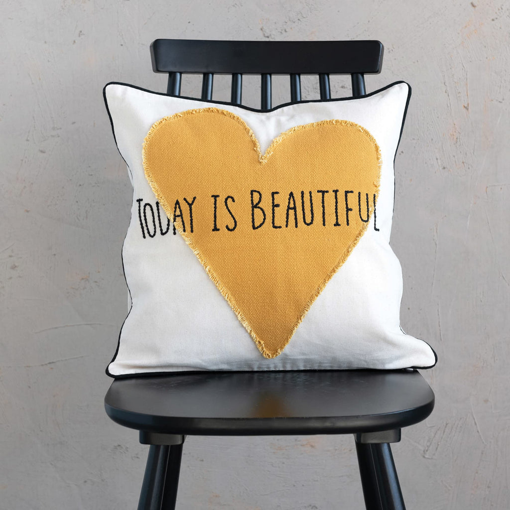 Creative Co-Op Creative Co-Op Cotton Pillow with Heart Applique and Embroidery Today is Beautiful, Multicolor, 18" L x 18" W x 1" H