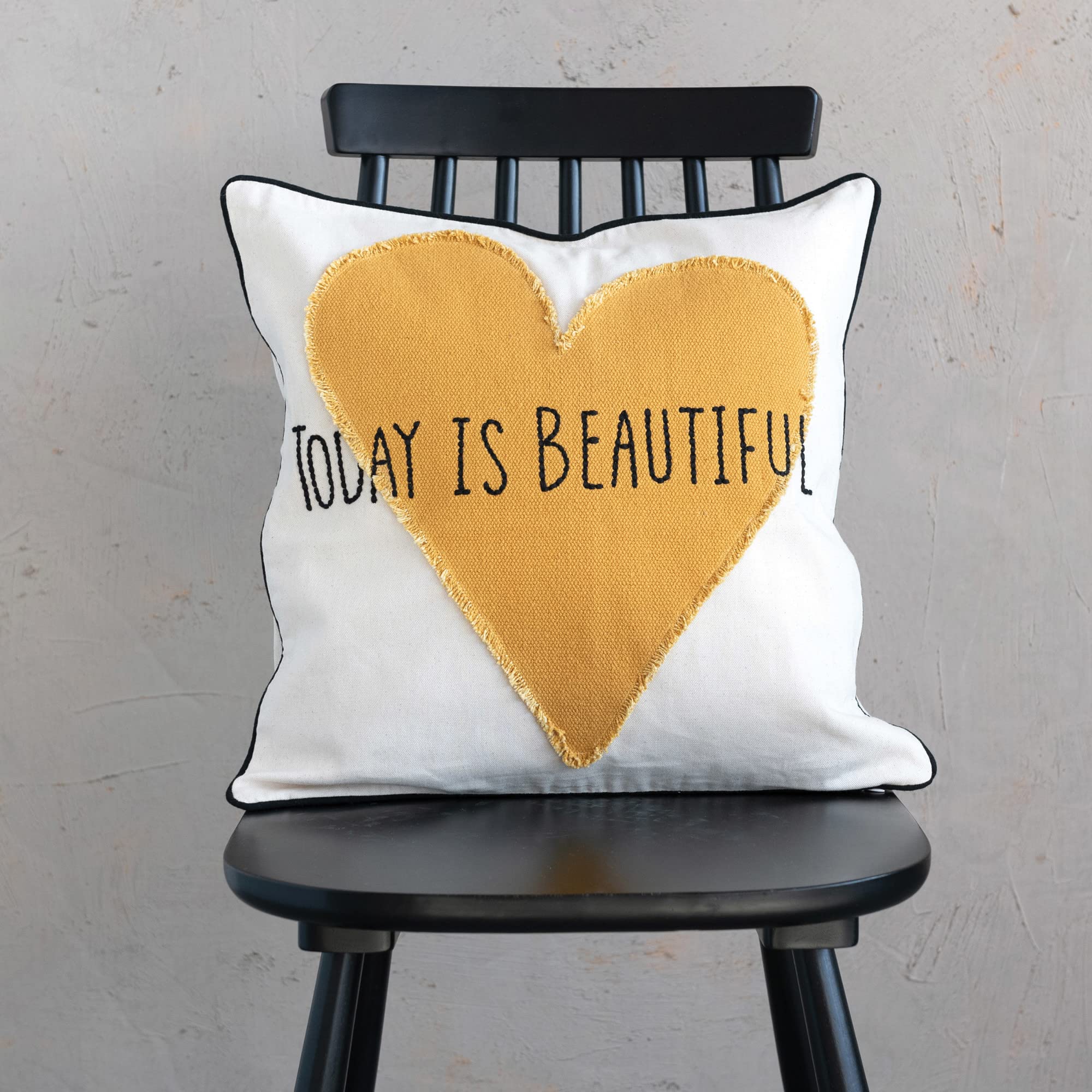 Creative Co-Op Creative Co-Op Cotton Pillow with Heart Applique and Embroidery Today is Beautiful, Multicolor, 18" L x 18" W x 1" H