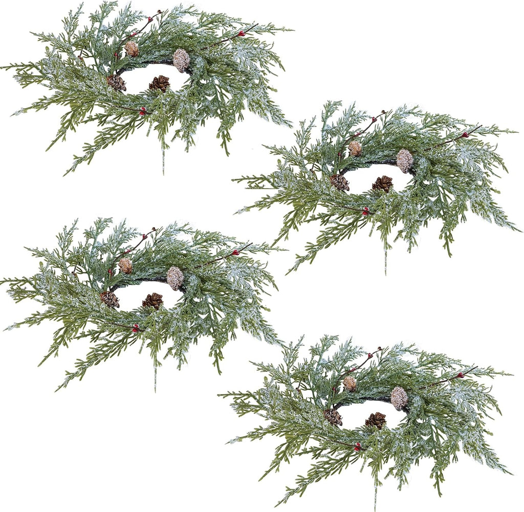 Winlyn Artificial Snowy Cedar Pine Candle Rings - 4 Pcs Mini Winter Wreaths with Pine Cones & Red Berries | 15.7" Wide for Festive Holiday Décor