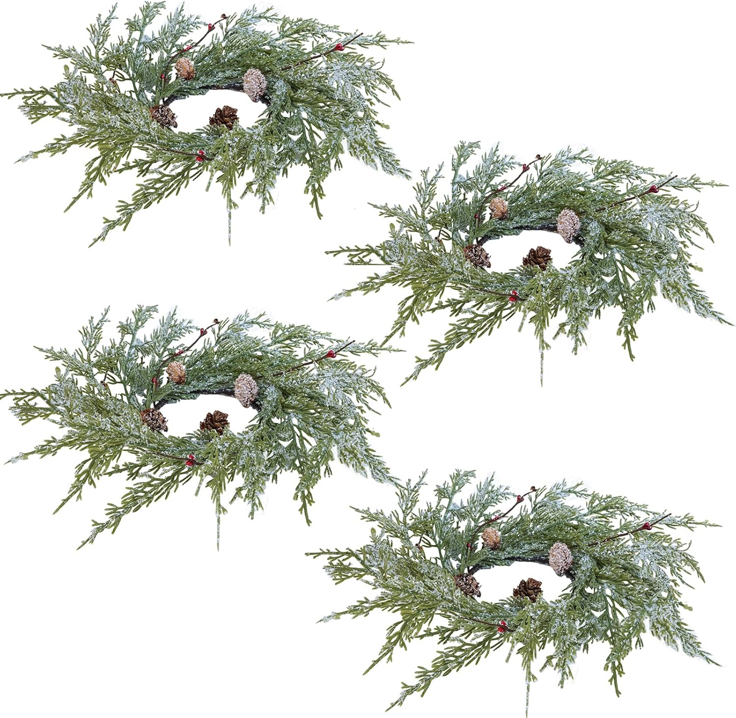 Winlyn Artificial Snowy Cedar Pine Candle Rings - 4 Pcs Mini Winter Wreaths with Pine Cones & Red Berries | 15.7" Wide for Festive Holiday Décor