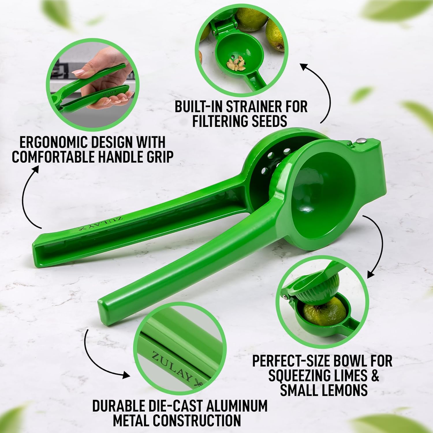 Zulay Metal Lime Squeezer - Heavy-Duty Citrus Juicer for Maximum Juice Extraction - Ergonomic Green Design