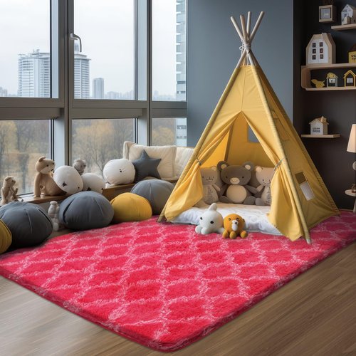 Puremy Shag Area Rug 5x7 Feet Extra Soft Rugs for Living Room, High Pile Indoor Carpet for Bedroom, Kids Room, Nursery, Home Decor, Geometric, Hot Pink/White