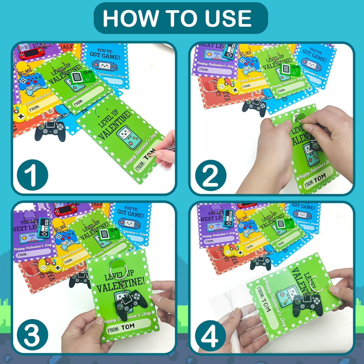 Skiennix Bulk Valentine's Day Cards - 48 Pack Video Game Keychains | Classroom Exchange Gifts for Kids