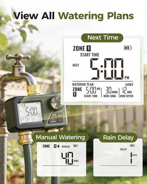 Diivoo Brass Sprinkler Timer - 2 Zone IP66 Waterproof Programmable Hose Timer | Large Display & Rain Delay for Garden Irrigation