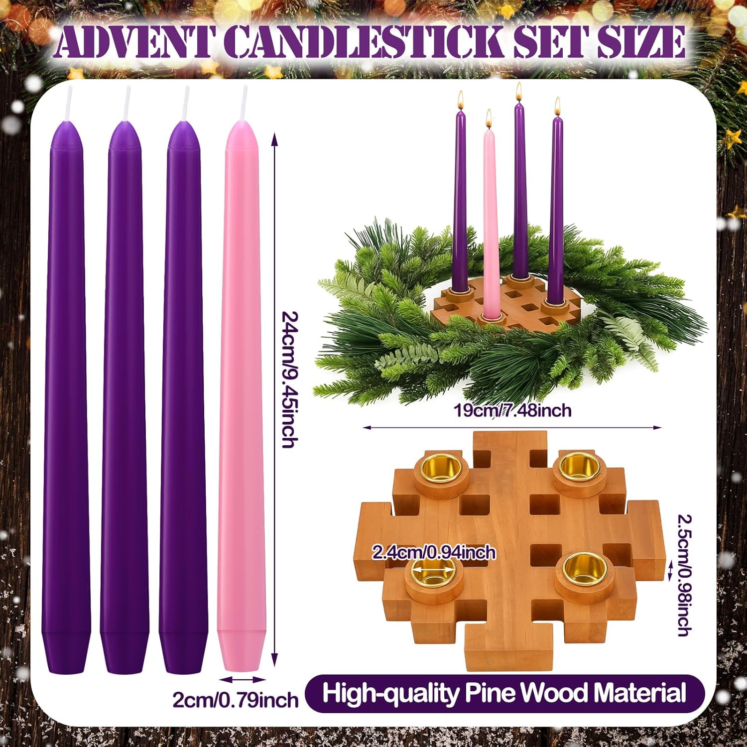 Mumufy Advent Candle Holder Set - 5 Pcs Snowflake Wooden Holders with Purple & Pink Taper Candles