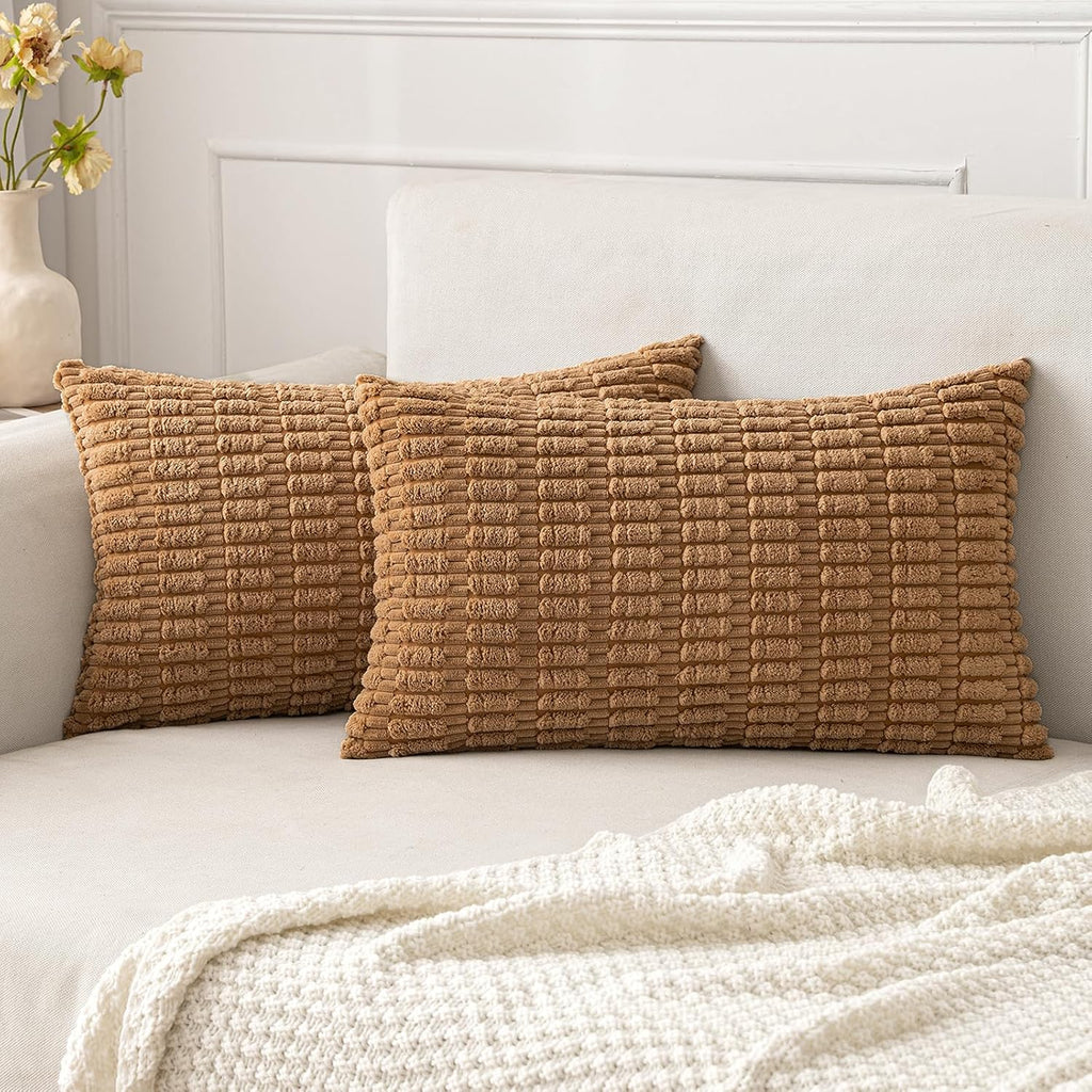 MIULEE Corduroy Decorative Lumbar Pillow Covers - Soft Boho Striped Design | 20x12 Inch, Brown