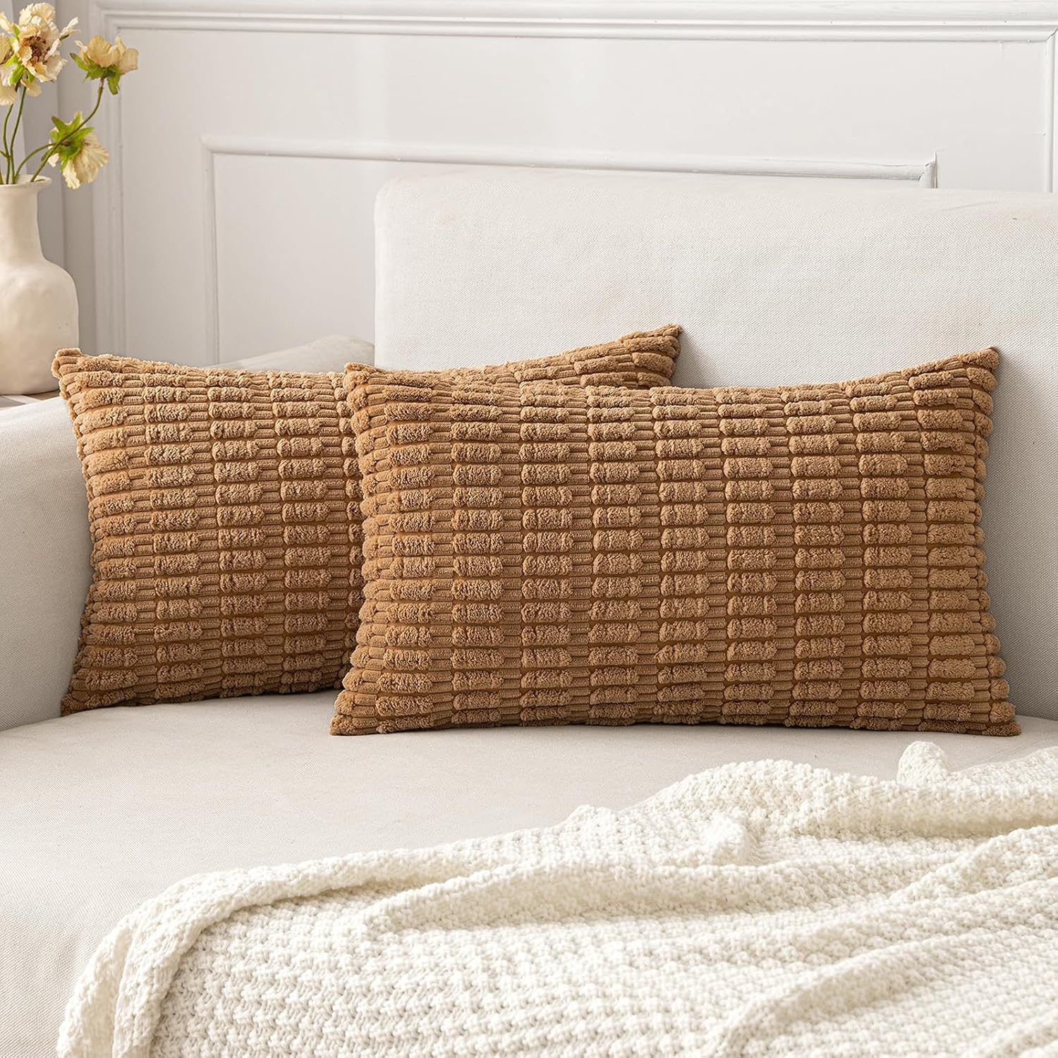 MIULEE Corduroy Decorative Lumbar Pillow Covers - Soft Boho Striped Design | 20x12 Inch, Brown