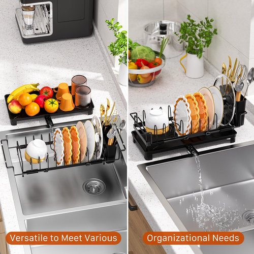 masadi Small Dish Drying Rack - Expandable Sink Dish Drying Rack Over Sinks with Drying Tray, Dish Drainer for Kitchen Counter with Adjustable Cutlery Holder, Space-Saving for Small Kitchens, Black