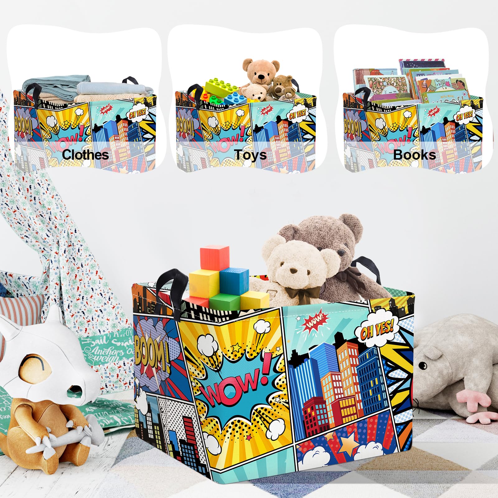 Clastyle 36L Rectangle Blue Comics Hero Kid Storage Basket Collapsible City Building Clothes Toy Nursery Bin Book Shelf Basket