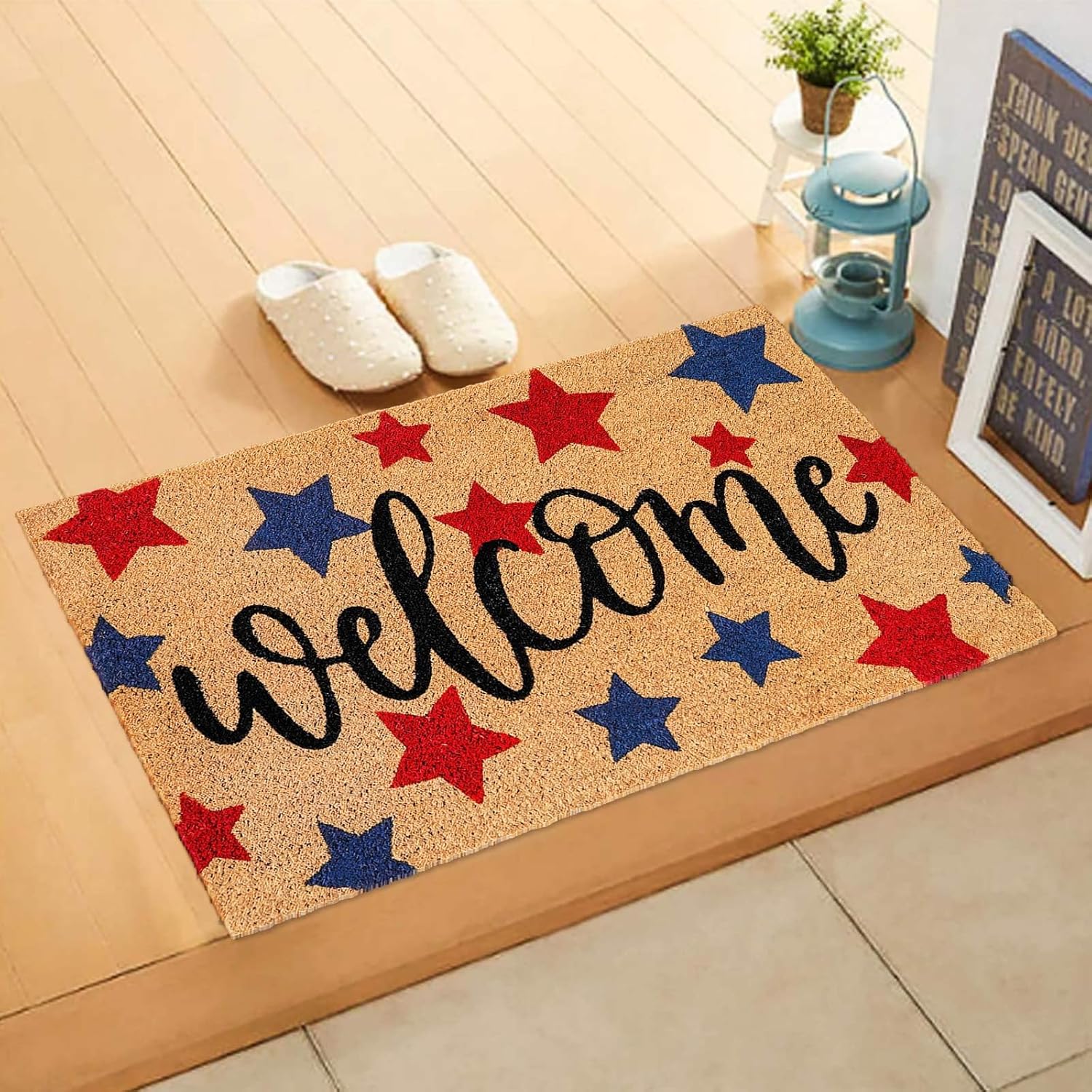 Whaline Patriotic Coir Door Mat - Non-Slip 4th of July Welcome Mat | Red & Blue Star Design, 16.5 x 29 Inch