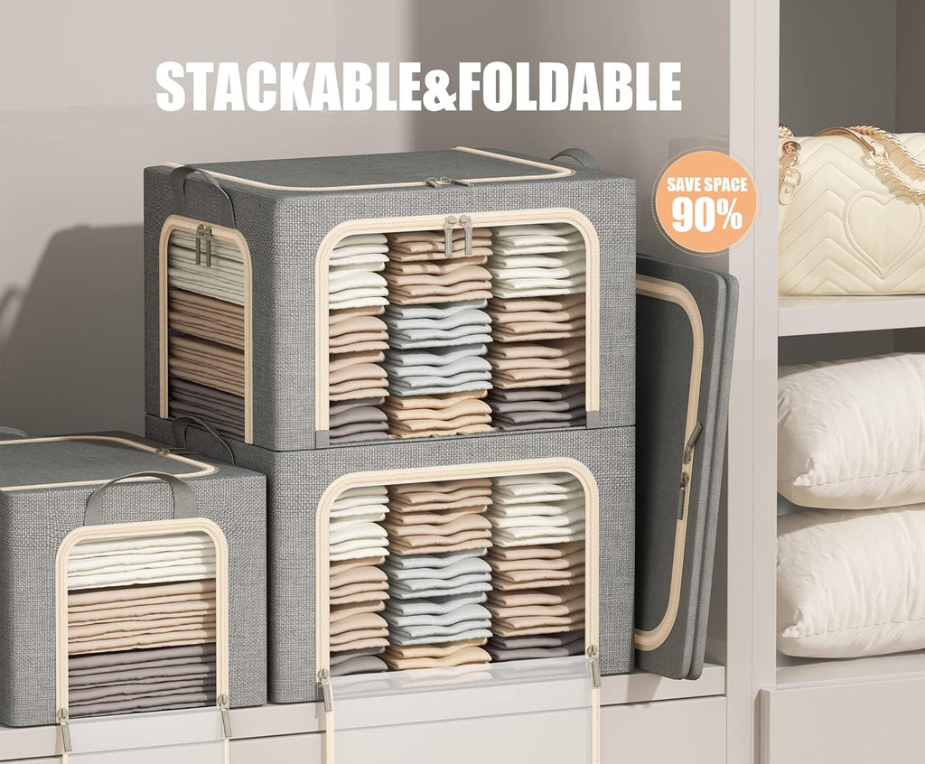Skiennix Foldable Clothes Storage Bins - Durable Metal Frame with Clear Window | 3 Pack, Light Grey, 40L