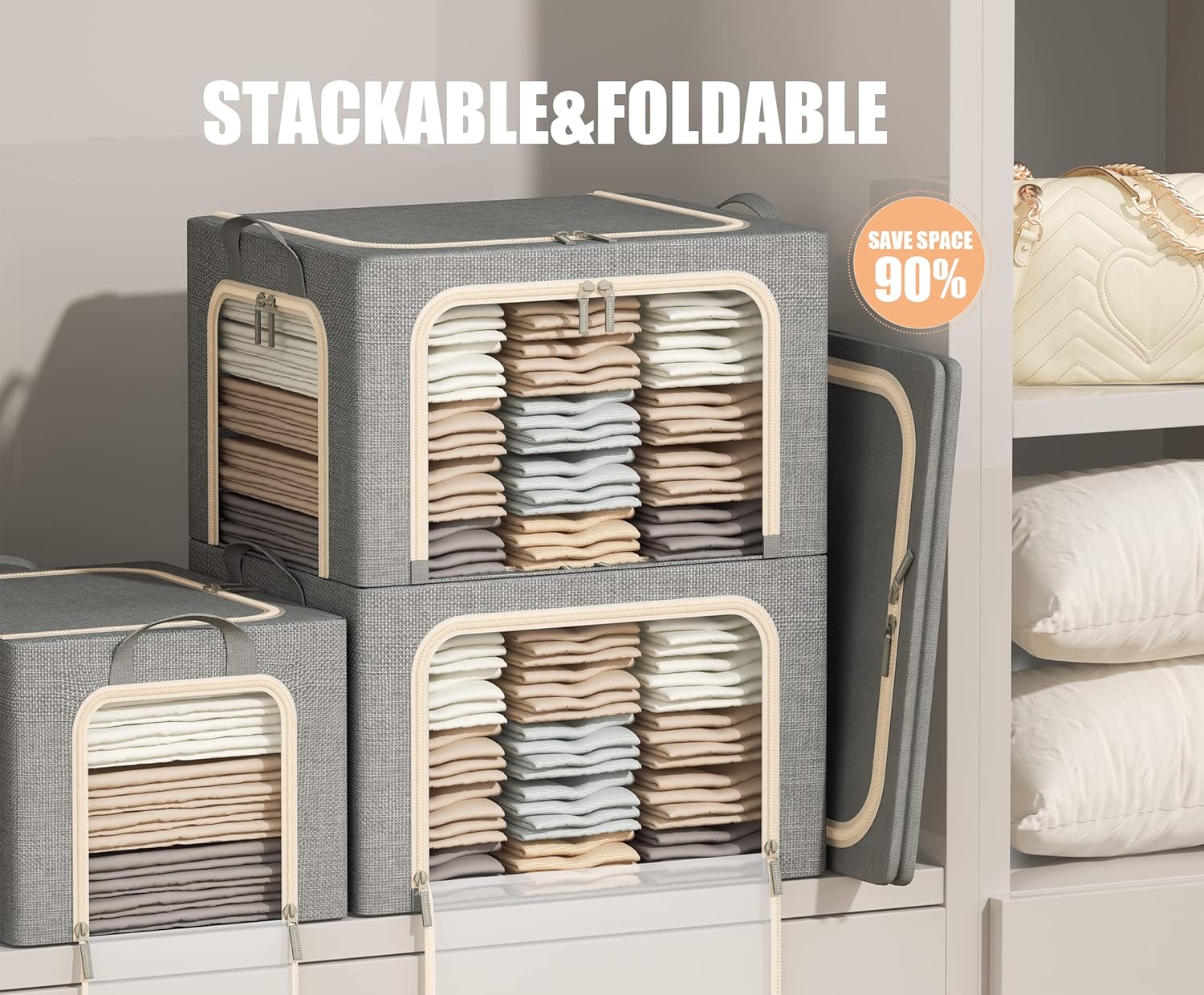 Skiennix Foldable Clothes Storage Bins - Durable Metal Frame with Clear Window | 3 Pack, Light Grey, 40L