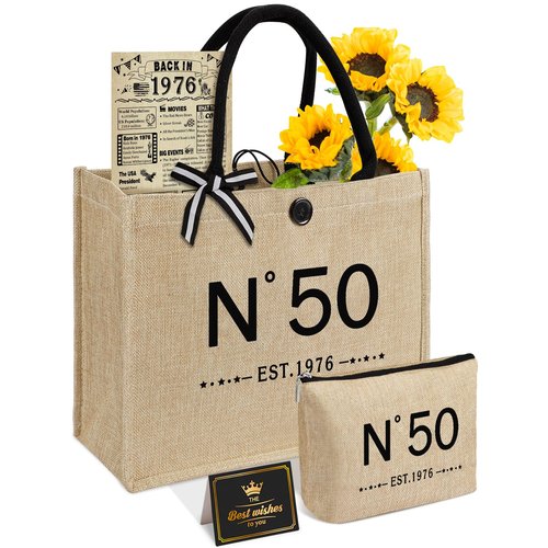 YeohJoy 50th Birthday Gifts for Women Jute Tote Bag, Vintage N°50 Burlap Handbag with Cosmetic Bag and Back in 1976 Poster, Unique 50 Years Old Gifts for Mom Friends Wife Sister Her