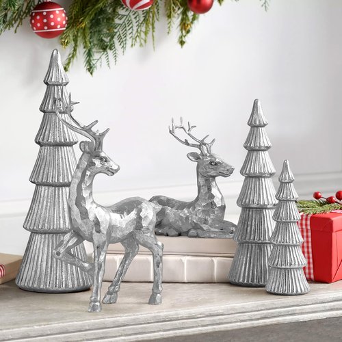 Hommtina Reindeer Christmas Decoration and Mini Christmas Trees,Christmas Reindeer Statues Lucky Reindeer Decor for Indoor Home Decor Tabletop Mantle Cabinet Desktop Office (Bright Silver)