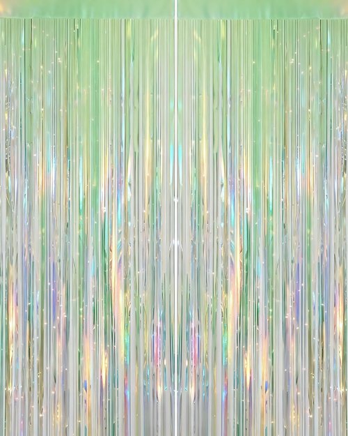 Iridescent Green Party Streamers Backdrop - 2 Pack Neon Holographic Tinsel Fringe Curtain | 3.31 x 6.6 ft