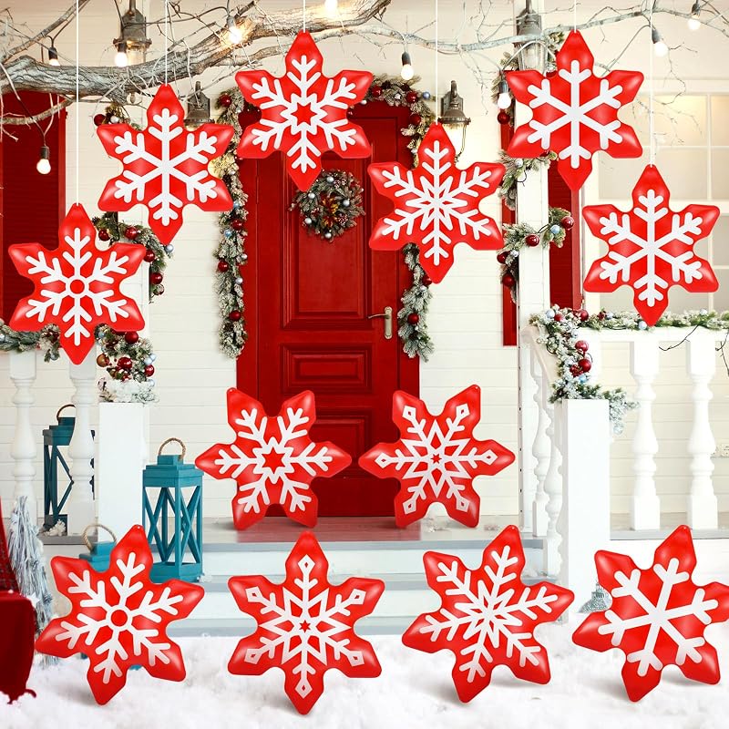 12 Pack Inflatable Hanging Snowflake Decorations - Red + Snowflake Variation