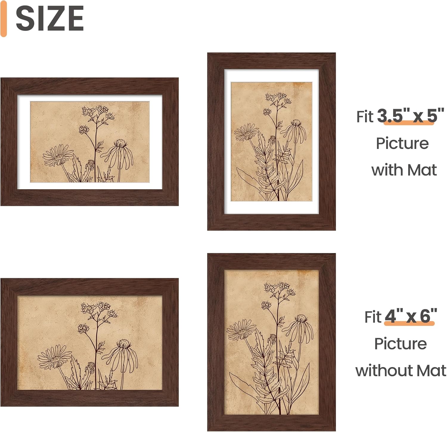 Upsimples 4x6 Picture Frame - Elegant Brown Wall Hanging Frame for 3.5x5 or 4x6 Photos | 1 Pack