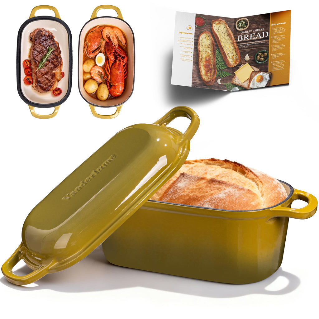 Vanderlume 4.6-Quart Oval Dutch Oven for Bread Baking, 2 in 1 Cast Iron Bread Pan with Lid, Sourdough Baking Pan for a Crispy Crust, Olive