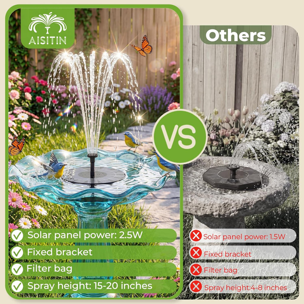 AISITIN Solar Bird Bath Fountain Pump - 2.5W Solar Powered Water Pump with 6 Nozzles | Perfect for Gardens, Ponds, and Aquariums