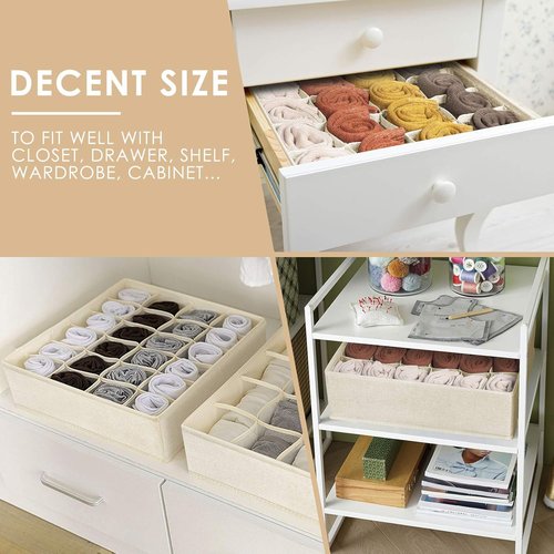 Criusia Sock Organizer - 3 Pack Fabric Drawer Dividers with 64 Cells | Beige Storage Solution for Socks, Underwear, Ties