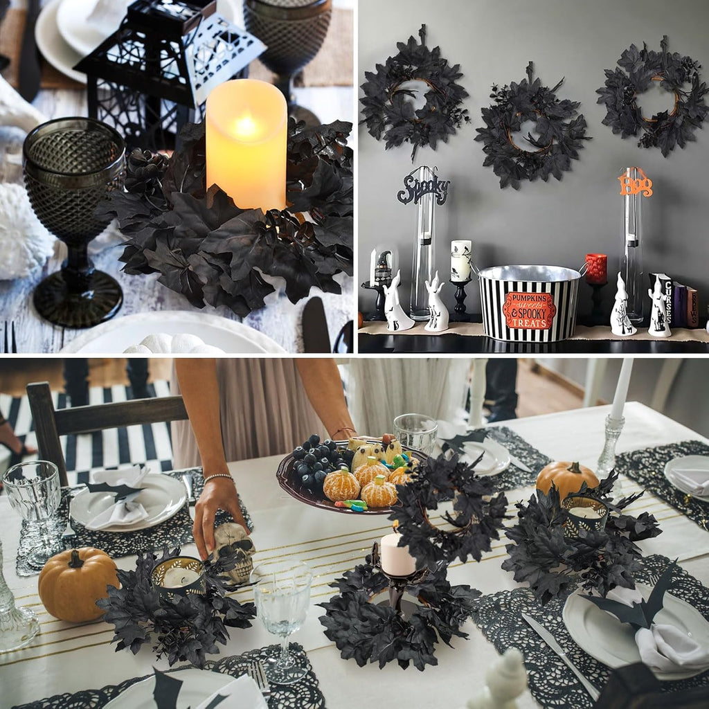 Skiennix 6Pcs Black Candle Rings - Halloween Maple Leaf Wreaths for Fall Table Centerpieces