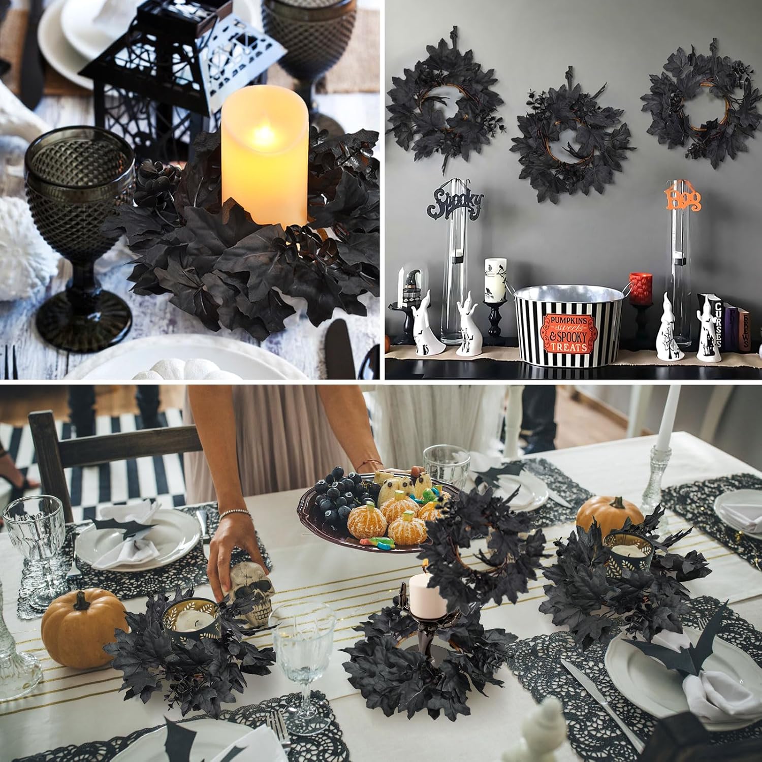 Skiennix 6Pcs Black Candle Rings - Halloween Maple Leaf Wreaths for Fall Table Centerpieces
