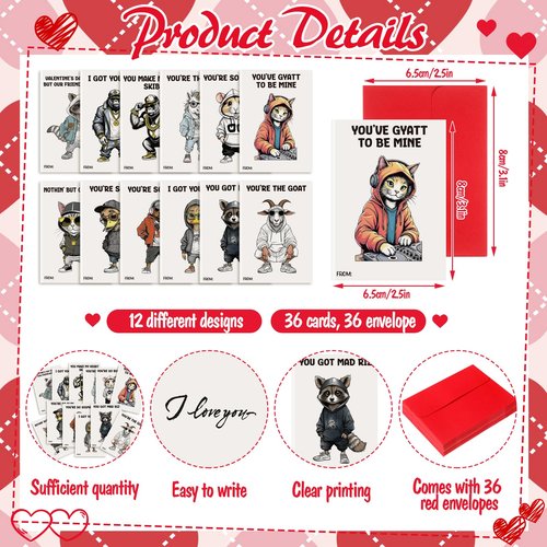 Yinder 24 Set Mini Valentines Day Cards with Envelopes Animal Retro Hip Hop Slang Funny Slang Valentine's Day Cards Assortment for Classroom Office Family Friends Valentines Gifts for Classroom Home