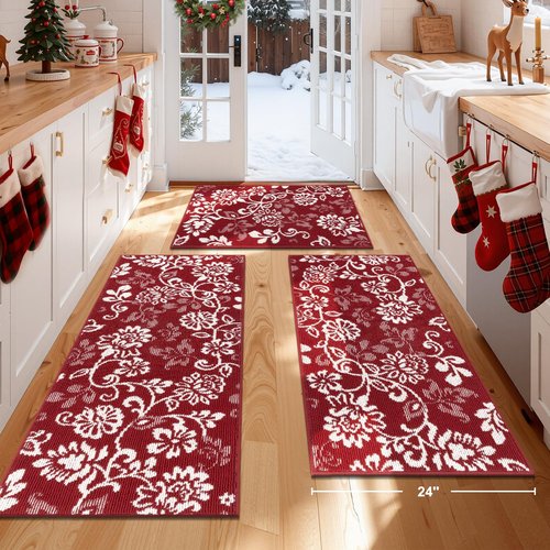 LOKHOM Christmas Kitchen Rugs Sets of 3, Non Slip High-Low Textured Red Kitchen Mats for Floor with Rubber Backing, Paisley Floral Washable Carpet Runner for Hallways Sink Holiday Decor (Red & White)